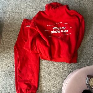 Red Sweatpant Jumpsuit Set - Ways to Show Love. Worn twice don’t like the jogger